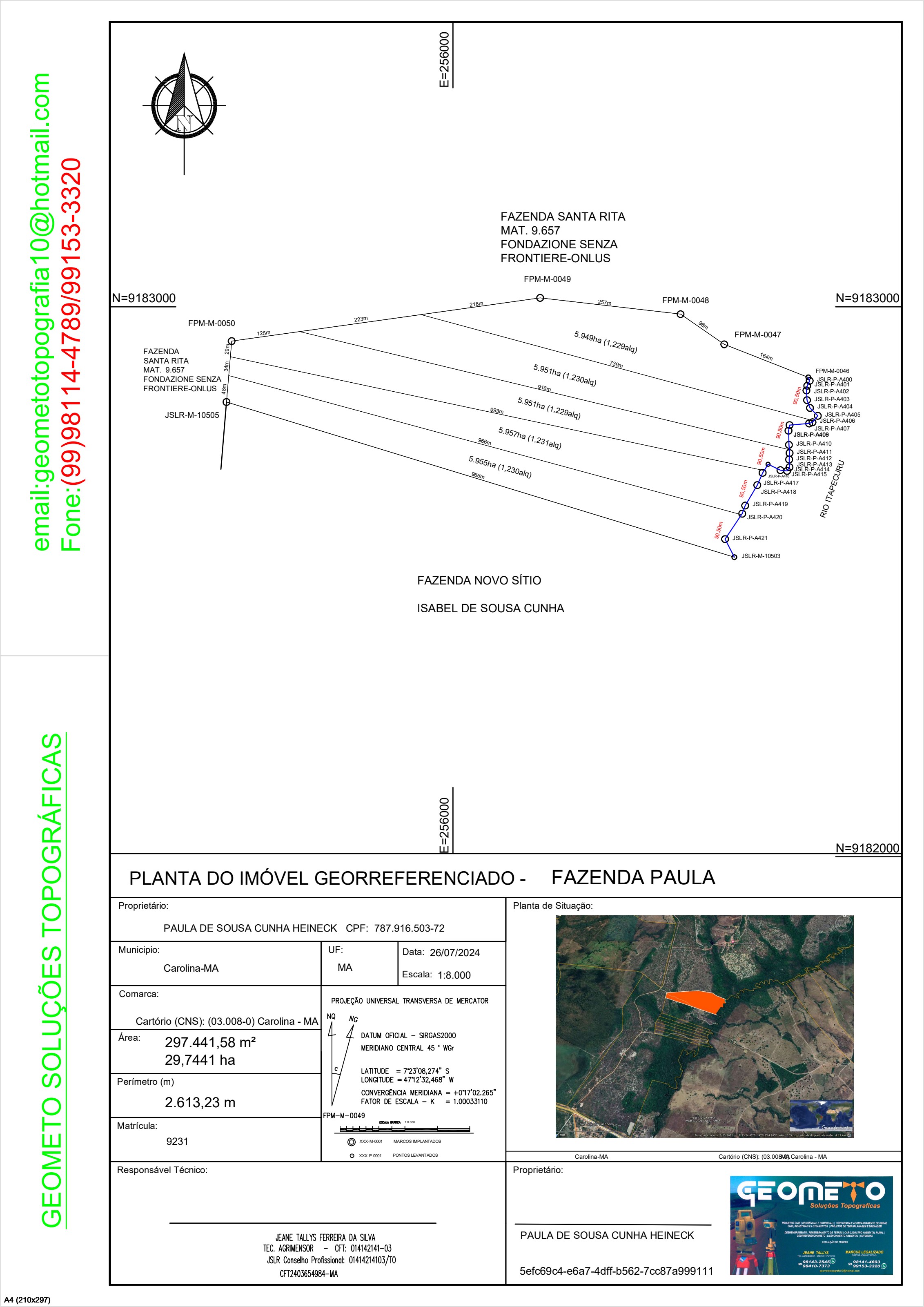 Official georeferenced survey map of Fazenda Paula — 5 riverfront lots along the Itapecurú River, Carolina/MA, Brazil